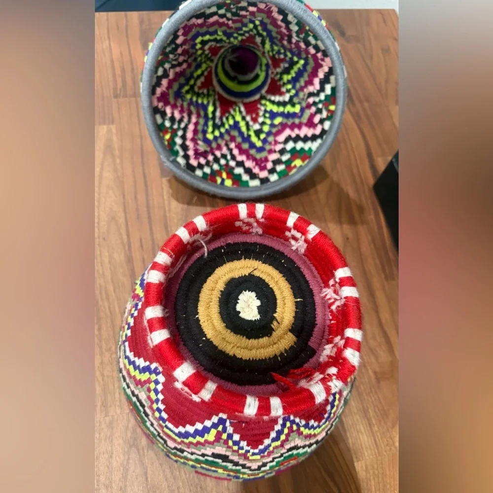 Vintage Multicolored Moroccan Berber Baskets with Bold Pattern.